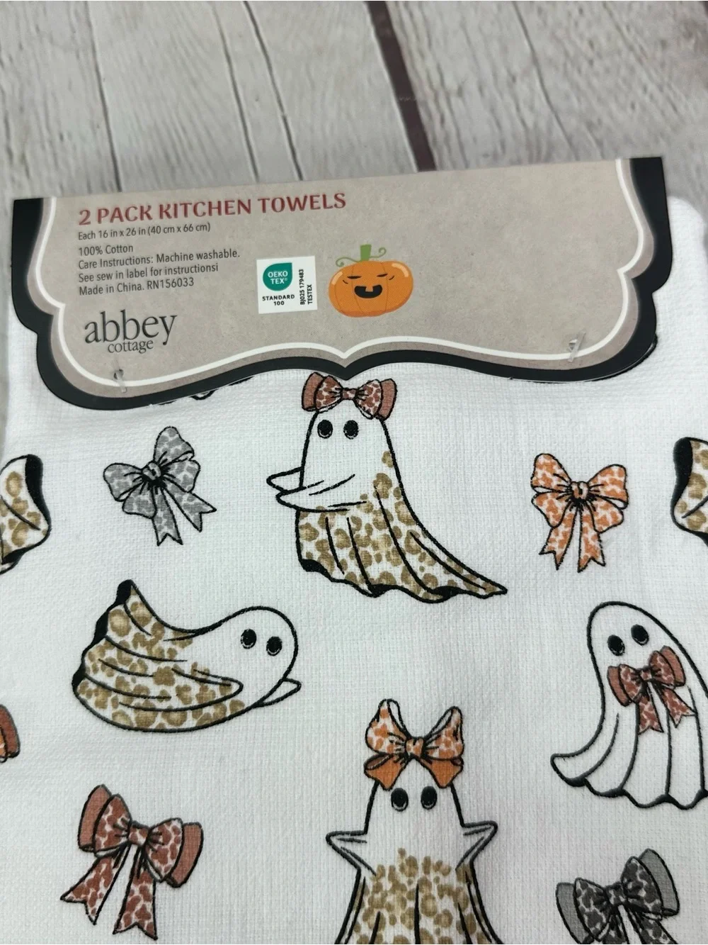 NWT abbey cottage Halloween Ghost Kitchen Towel 2pk leopard print bows spooky